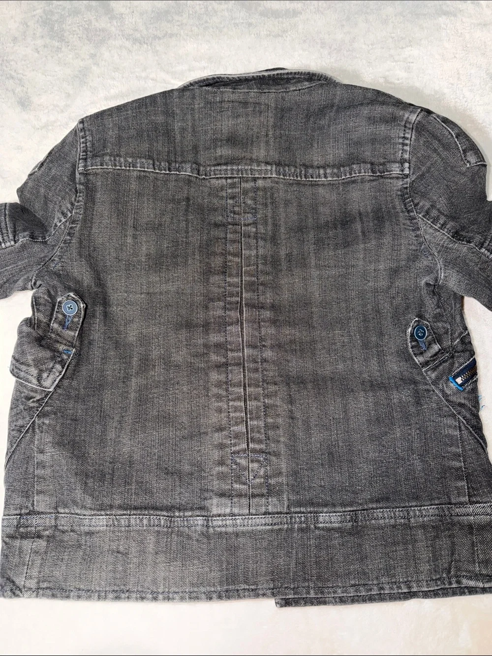 Free People Size 4 Y2K Grey Moto Denim Jacket Utility Zip Pockets Drawstring Hem